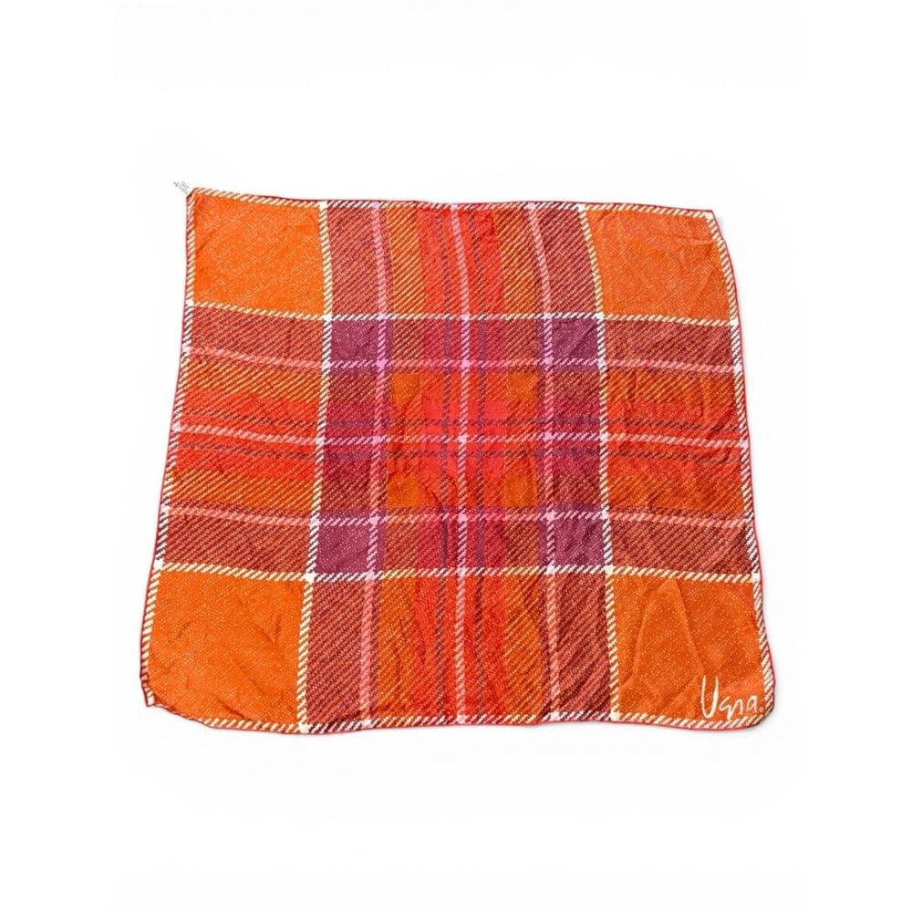 Vintage Vera Neumann Scarf Silk Blend  Plaid Orange Red White Purple 26” x 26”